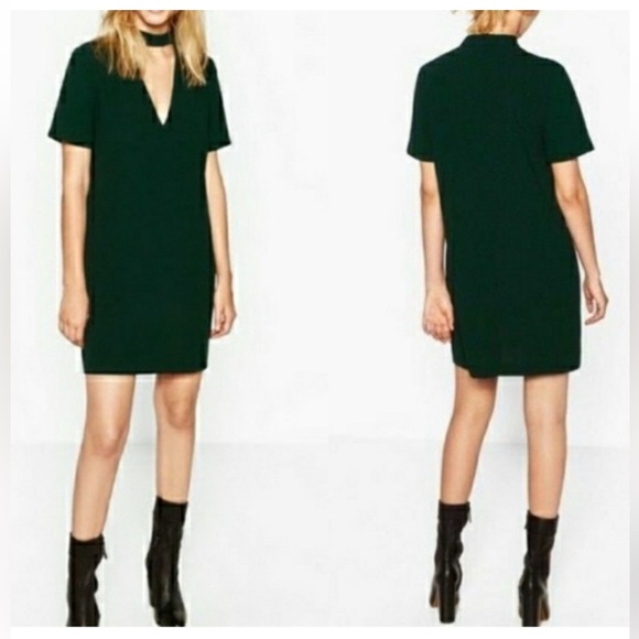 Zara Dresses & Skirts - Zara Womens M Choker V Neck Plunge Shift Mini Dress Forest Green Boho Short Fun